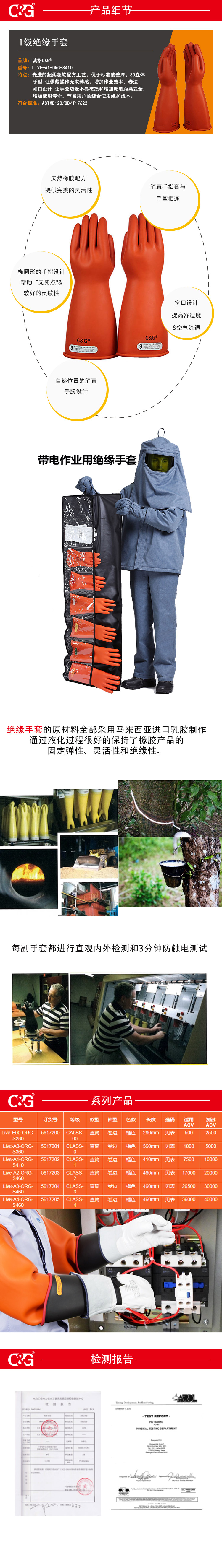 1級絕緣手(shǒu)套橘色(sè)直筒款